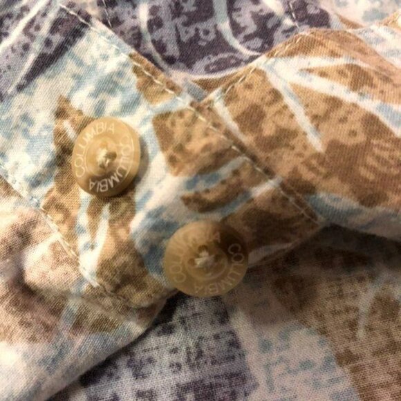 Columbia Camp Shirt Mens M Blue Tan Leaf Print Hawaiian Casual Summer Travel Y2K - Picture 7 of 16